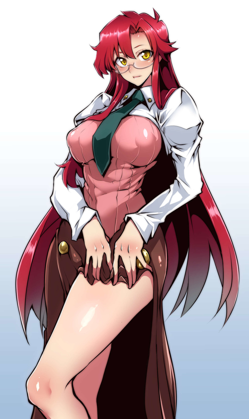 1girl absurdres bespectacled blush breasts covered_nipples gggg glasses hair_down highres large_breasts long_hair long_skirt long_sleeves looking_at_viewer necktie red_hair shiny shiny_hair shiny_skin skirt skirt_lift solo standing teacher tengen_toppa_gurren_lagann yellow_eyes yoko_littner yomako