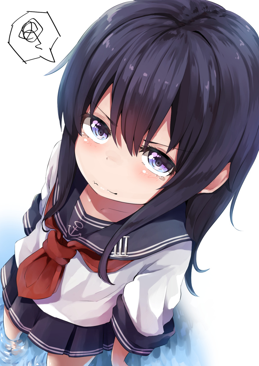 1girl akatsuki_(kantai_collection) anchor_symbol black_hair black_sailor_collar black_skirt commentary_request from_above highres kantai_collection long_hair looking_at_viewer neckerchief no_hat no_headwear pleated_skirt purple_eyes red_neckwear sailor_collar simple_background skirt soaking_feet solo spoken_squiggle squiggle taisho_(gumiyuki) water white_background