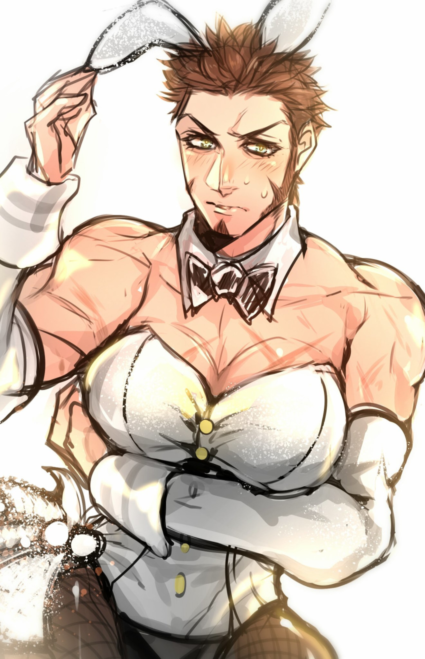 1boy bad_hands blue_eyes blush brown_hair bunny_boy chest crossdressing facial_hair fate/grand_order fate_(series) goatee highres male_focus muscle napoleon_bonaparte_(fate/grand_order) pectorals scar sideburns sketch solo tight zuman_(zmnjo1440)