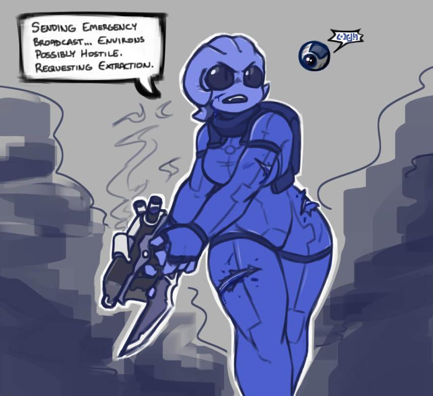 alien blood blue_body bodily_fluids breasts clothed clothing damaged_clothing dialogue dialogue_box english_text female hijackerdraws_(artist) holding_object holding_weapon humanoid laser_gun machine mass_effect open_mouth ranged_weapon robot simple_background solo teeth text video_games weapon