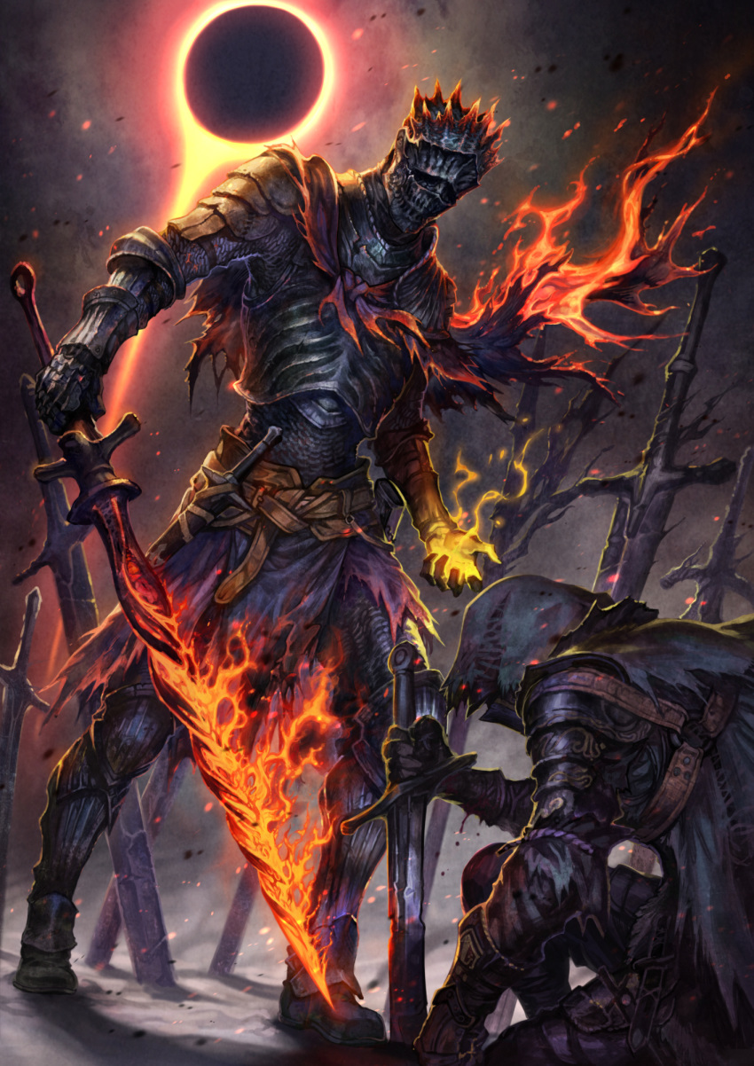 2others armor armored_boots ashen_one_(dark_souls_3) belt black_sky boots breastplate capelet commentary_request dagger dark_souls_iii eclipse embers facing_another feet_out_of_frame field_of_blades flaming_sword flaming_weapon full_armor full_body gauntlets glowing glowing_hand greaves helmet highres holding holding_sword holding_weapon hood hood_up magic moon multiple_others one_knee outdoors pauldrons planted_sword planted_weapon red_capelet sheath sheathed shoulder_armor solar_eclipse soul_of_cinder souls_(from_software) spaulders standing sun sword touge_(kubiwa_tsuki) weapon