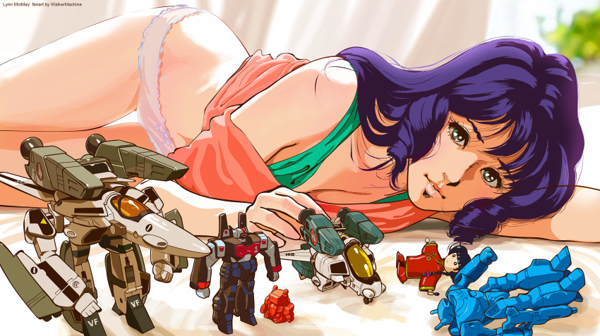 1girl artist_name bare_shoulders blue_hair character_name chibi choujikuu_yousai_macross clenched_hands doll gerwalk green_eyes highres looking_at_viewer lying lynn_minmay macross macross:_do_you_remember_love? mecha model_kit no_pants on_side panties solo thighs toy underwear vf-1 vf-1s walkermachine white_panties