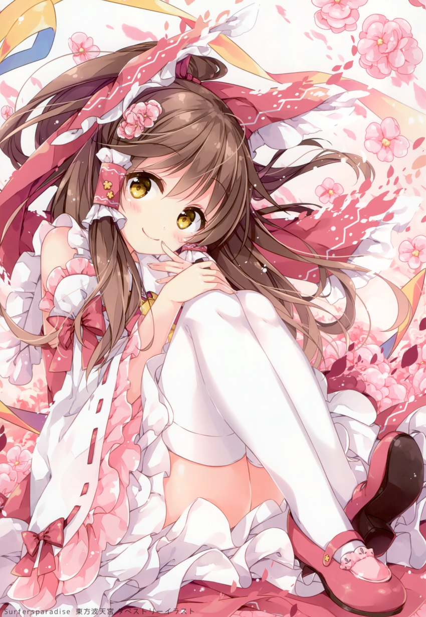 1girl absurdres bangs bare_shoulders blush bow brown_eyes brown_hair closed_mouth detached_sleeves eyebrows_visible_through_hair fingernails flower hair_bow hair_flower hair_ornament hair_tubes hakurei_reimu highres long_hair looking_at_viewer mochizuki_shiina petals red_footwear scan shiny shiny_hair shoes simple_background sitting smile solo thighhighs tied_hair touhou white_legwear wide_sleeves