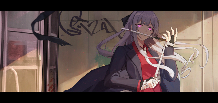 1girl absurdres ak-12_(girls_frontline) artificial_eye bandaged_hands bandages bangs black_jacket blazer blood bloody_bandages blunt_bangs changpan_hutao collared_shirt dagger dress_shirt eyebrows_visible_through_hair formal girls_frontline gloves graffiti hair_ribbon highres jacket knife long_hair looking_at_viewer necktie open_blazer open_clothes open_jacket partly_fingerless_gloves pink_eyes red_shirt ribbon shirt sidelocks silver_hair suit weapon white_neckwear