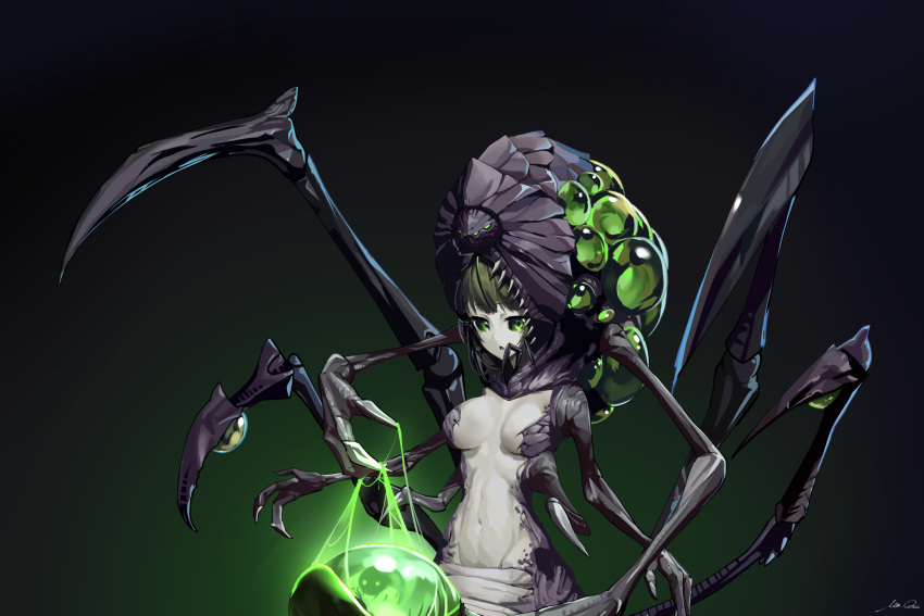 1girl abathur alien bangs black_sclera breasts brown_hair claws commentary commission dark_background extra_arms gradient gradient_background green_background green_eyes highres looking_at_viewer medium_breasts monster monster_girl navel overlord_(overlord80000) personification sharp_teeth signature solo starcraft stomach teeth zerg_(starcraft)