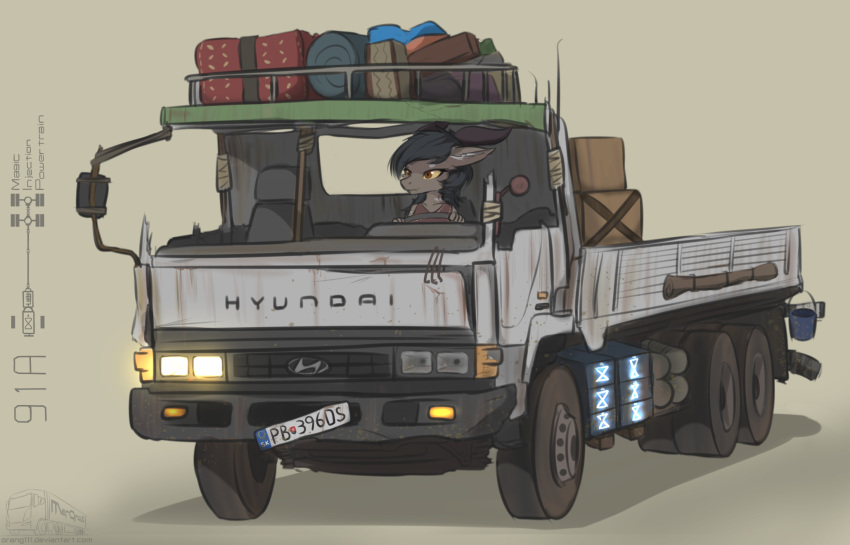 anthro apocalyptic box concept_art damaged dragon driving female hi_res hyundai luggage magic orang111 post-apocalyptic rust solo text tribal truck url vehicle