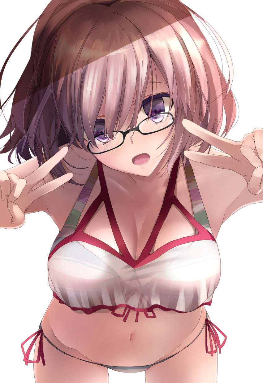 1girl bangs bare_shoulders bikini blush breasts cleavage collarbone double_v fate/grand_order fate_(series) glasses hair_over_one_eye highres large_breasts lavender_hair looking_at_viewer mash_kyrielight multicolored multicolored_bikini multicolored_clothes navel open_mouth purple_eyes rainbow_bikini rikudou_inuhiko sheer_clothes short_hair simple_background striped striped_bikini swimsuit swimsuit_of_perpetual_summer_ver.02 v white_background