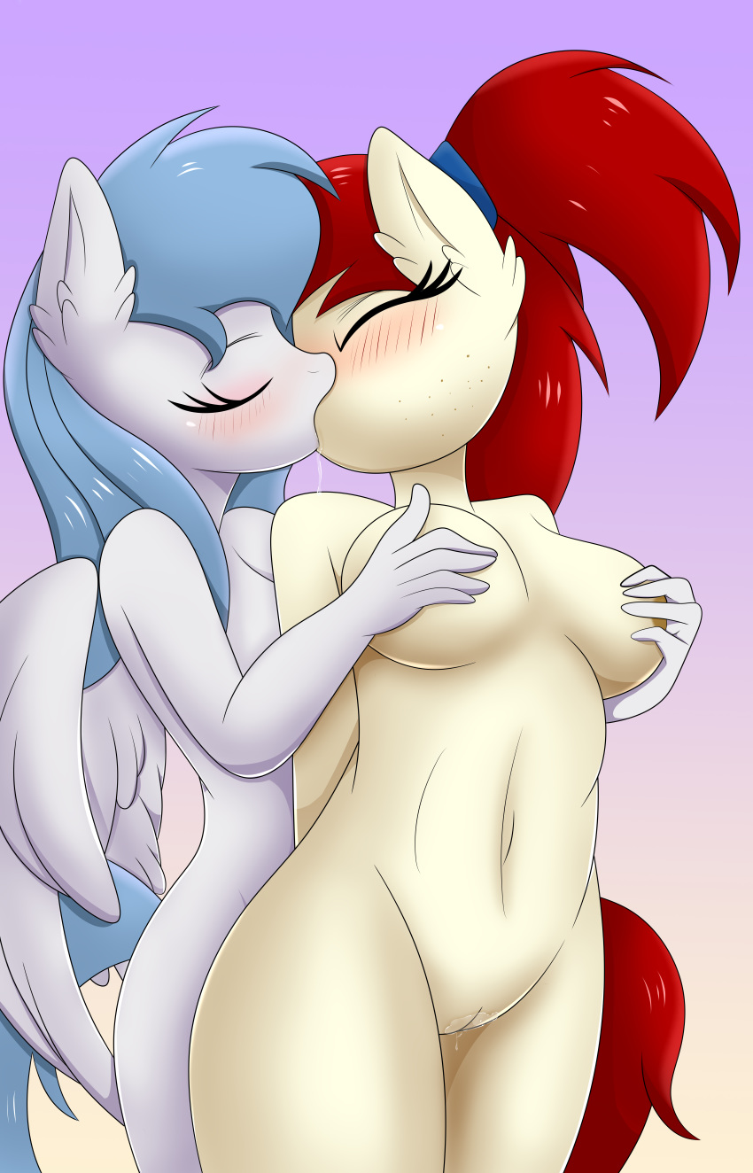 absurd_res anthro big_breasts blush bodily_fluids breasts duo equid equine eyes_closed female female/female genital_fluids genitals hasbro hi_res kissing mammal my_little_pony nude pegasus pussy pussy_juice rainbownspeedash saliva silver_draw simple_background vector_cloud wings