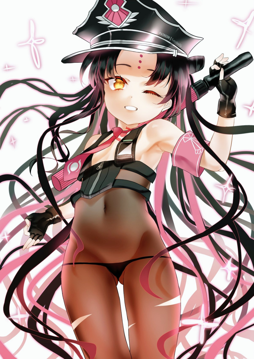 1girl armband bangs bare_shoulders bikini black_bikini black_gloves black_hair black_headwear blush bodystocking breasts cosplay covered_navel double_bun facial_mark fate/grand_order fate_(series) fingerless_gloves forehead_mark gloves grin halter_top halterneck hat highres long_hair looking_at_viewer multicolored_hair necktie one_eye_closed parted_bangs pink_hair pink_neckwear police_hat sesshouin_kiara sesshouin_kiara_(lily) sesshouin_kiara_(swimsuit_mooncancer)_(fate) sesshouin_kiara_(swimsuit_mooncancer)_(fate)_(cosplay) small_breasts smile streaked_hair swimsuit thighs traffic_baton very_long_hair yellow_eyes zasshu