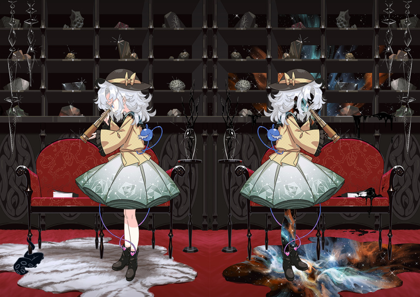 2girls ankle_boots black_footwear black_headwear blue_eyes book boots carpet couch dual_persona english_commentary floral_print frilled_sleeves frills from_side glass_ornament glint green_skirt hat hat_ribbon indoors komeiji_koishi long_sleeves multiple_girls nebula profile ribbon rock rose_print rug seeker shelf shirt short_hair silver_hair skirt sleeves_past_wrists spyglass standing star_(sky) surreal symmetry tentacles third_eye touhou vase wide_sleeves yellow_shirt
