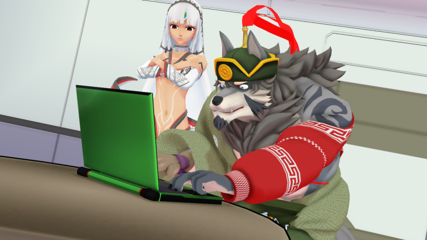 16:9 3d_(artwork) abs altera_(fate) anthro canid canine canis clothed clothing computer digital_media_(artwork) duo fate_(series) female fur human humor laptop male malicekira mammal meme muscular muscular_anthro muscular_male shocked temujin tokyo_afterschool_summoners video_games white_body white_fur widescreen wolf