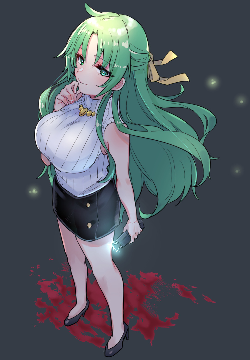 1girl blood blood_splatter breasts green_eyes green_hair grey_background highres higurashi_no_naku_koro_ni large_breasts long_hair manami_(fearfac666) ribbed_sweater skirt sleeveless_sweater sonozaki_shion sweater taser