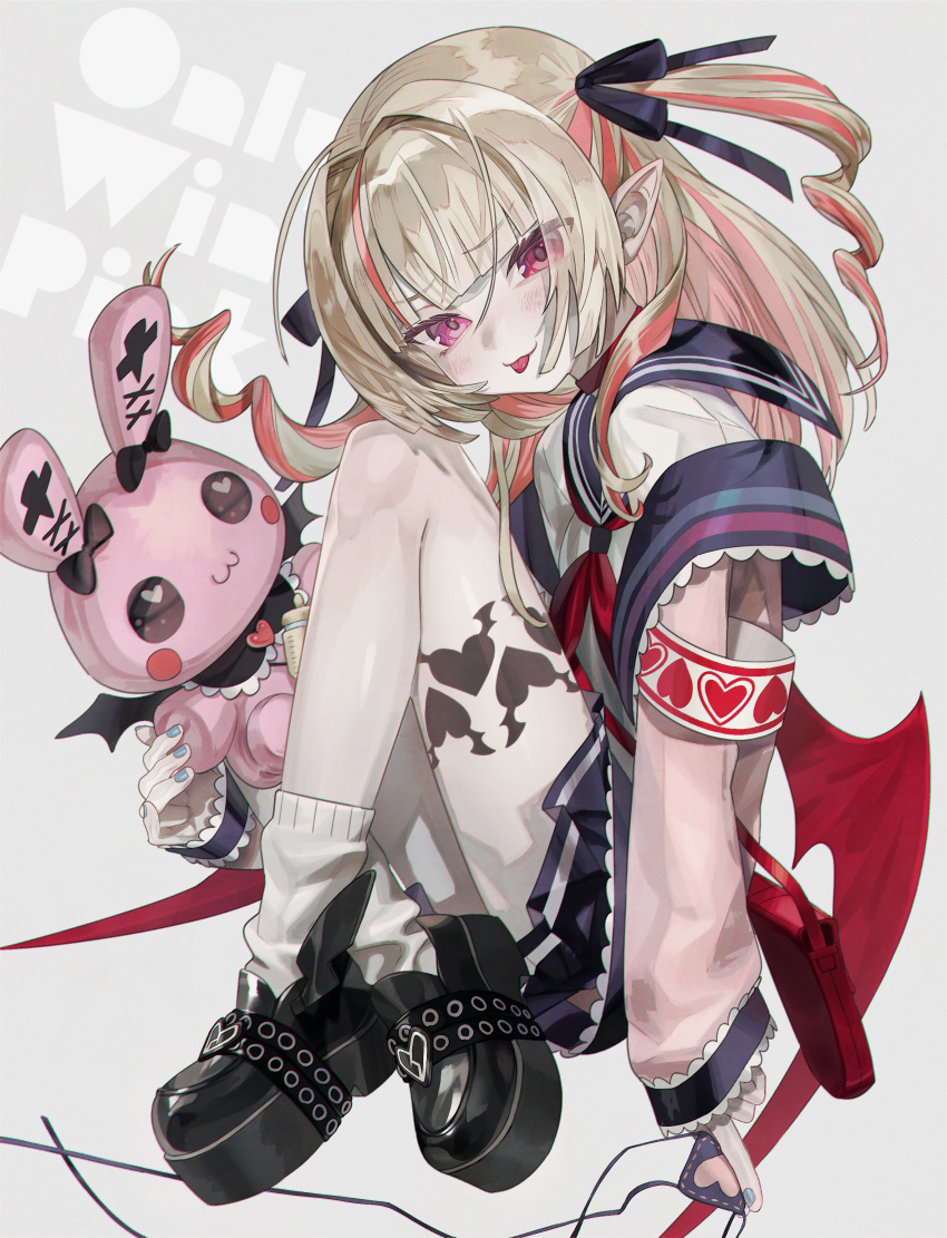 1girl :p absurdres aqua_nails armband background_text bag belt black_ribbon blush boots collar commentary czen demon_wings english_text eyebrows_visible_through_hair eyepatch eyepatch_removed full_body grey_hair hair_ribbon handbag heart heart_eyepatch highres jacket loose_socks makaino_ririmu multicolored_hair nail_polish neckerchief nijisanji off_shoulder open_clothes open_jacket pink_hair pink_jacket platform_footwear pointy_ears red_collar red_eyes red_neckwear red_wings ribbon sailor_collar shirt simple_background skirt sleeves_past_fingers sleeves_past_wrists smile socks solo streaked_hair stuffed_animal stuffed_bunny stuffed_toy thigh_tattoo tongue tongue_out twintails two-tone_hair virtual_youtuber wings