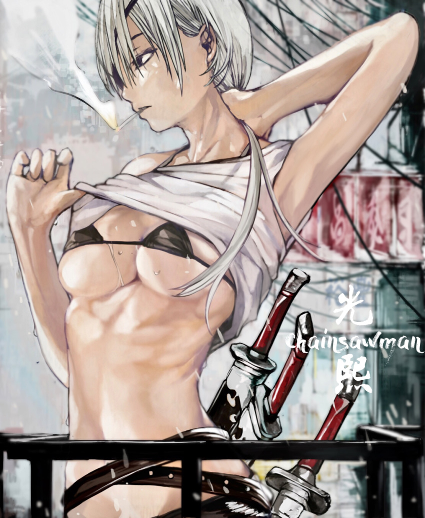 1girl bikini bikini_top black_bikini breasts chainsaw_man cigarette copyright_name expressionless eyebrows eyepatch highres medium_breasts medium_hair micro_bikini navel nyami ponytail quanxi_(chainsaw_man) rain shirt shirt_lift smoking solo swimsuit sword upper_body water_drop weapon white_hair white_shirt