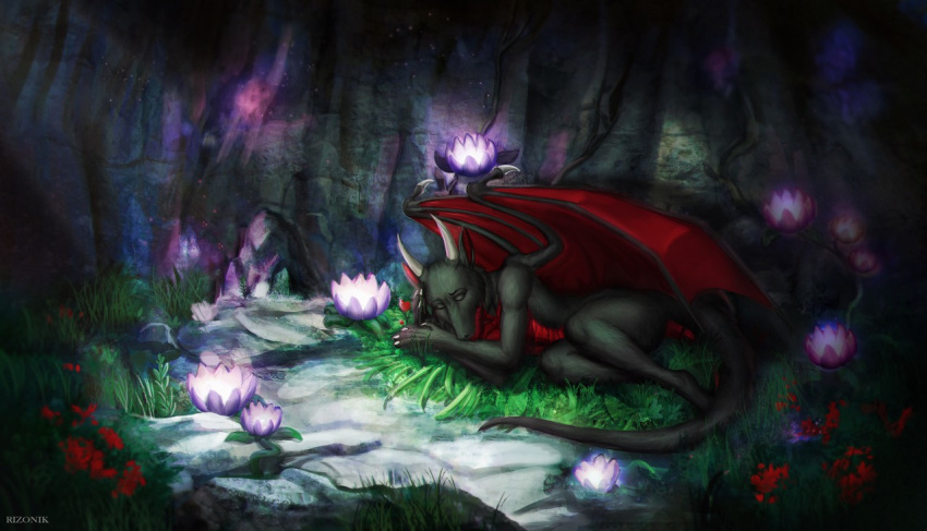2019 animal_humanoid anthro backgound black_body black_fur black_tail cave claws colored detailed digital_drawing_(artwork) digital_media_(artwork) digital_painting_(artwork) dragon dragon_humanoid english_text flower full-length_portrait fur furred_dragon glowing grass horn humanoid light lighting male painting_(artwork) plant portrait red_body red_flower red_scales red_wings rizonik scales scalie scalie_humanoid shaded solo sparkles text traditional_media_(artwork) watermark western_dragon western_dragon_humanoid white_claws white_horn widescreen wings