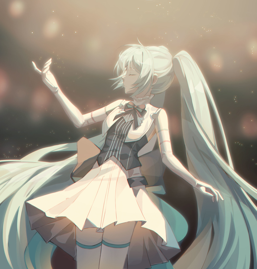 1girl absurdres arm_at_side backlighting bare_shoulders black_ribbon blue_hair blurry blurry_background chromatic_aberration closed_eyes closed_mouth dress elbow_gloves expressionless eyelashes facing_away flat_chest frilled_shirt_collar frills gloves hand_up hatsune_miku high_collar highres indoors legs_together light_particles long_hair miku_symphony_(vocaloid) neck_ribbon profile ramboo_pdy03 ribbon shiny shiny_hair short_dress sidelocks sleeveless sleeveless_dress solo spotlight standing theater thighhighs twintails upper_body very_long_hair vocaloid white_dress white_gloves white_legwear zettai_ryouiki