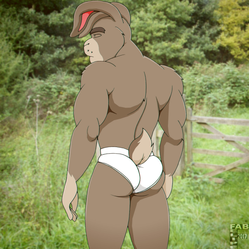 1:1 anthro biceps big_muscles biped butt clothed clothing clothing_aside digital_media_(artwork) eyes_closed fabfelipe forest fur grey_body grey_fur hi_res lagomorph leporid male mammal muscular muscular_anthro muscular_male nude panties panties_aside pecs photo_background pose rabbit solo standing tree underwear underwear_aside