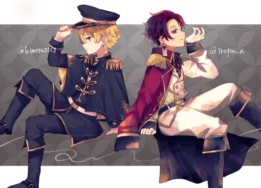 2boys adjusting_clothes adjusting_hat agatsuma_zenitsu artist_name back-to-back belt belt_buckle black_footwear black_pants blonde_hair boots buckle buttons epaulettes fringe_trim from_side gloves half-closed_eyes hat highres jacket jacket_on_shoulders kamado_tanjirou kimetsu_no_yaiba knee_up looking_at_viewer makura_(makura0128) multiple_boys necktie pants peaked_cap red_jacket red_neckwear rope sitting teeth_hold twitter_username white_belt white_gloves white_pants yellow_eyes