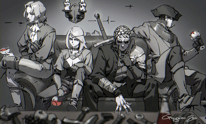 1girl 3boys armor axe bandaged_arm bandages bangs blurry_foreground boots breasts candle candlestand circlet cleavage coat commentary_request couch cravat crossed_legs cup dark_souls_iii elbow_gloves eyebrows_visible_through_hair feet_out_of_frame gloves gongxiao_zao gorget greyscale hand_up hat hawkwood holding holding_cup hood hood_up jacket leonhard looking_at_viewer looking_away mask medium_breasts medium_hair monochrome multiple_boys open_clothes open_hand open_jacket orbeck_of_vinheim pants parted_bangs pauldrons potion pouch sheath sheathed shirt short_hair shoulder_armor sirris_of_the_sunless_realms sitting souls_(from_software) spot_color stepping swept_bangs sword tricorne weapon weapon_on_back