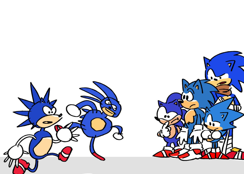 2019 adventures_of_sonic_the_hedgehog anthro biped black_eyes blue_body blue_fur cigardoesart classic_sonic classic_sonic_(universe) clothing crossed_arms eulipotyphlan footwear frown fur gloves group handwear hedgehog hi_res male mammal meme neckerchief running sanic shoes simple_background sonic_the_hedgehog sonic_the_hedgehog_(series) square_crossover standing tan_body tan_fur white_background
