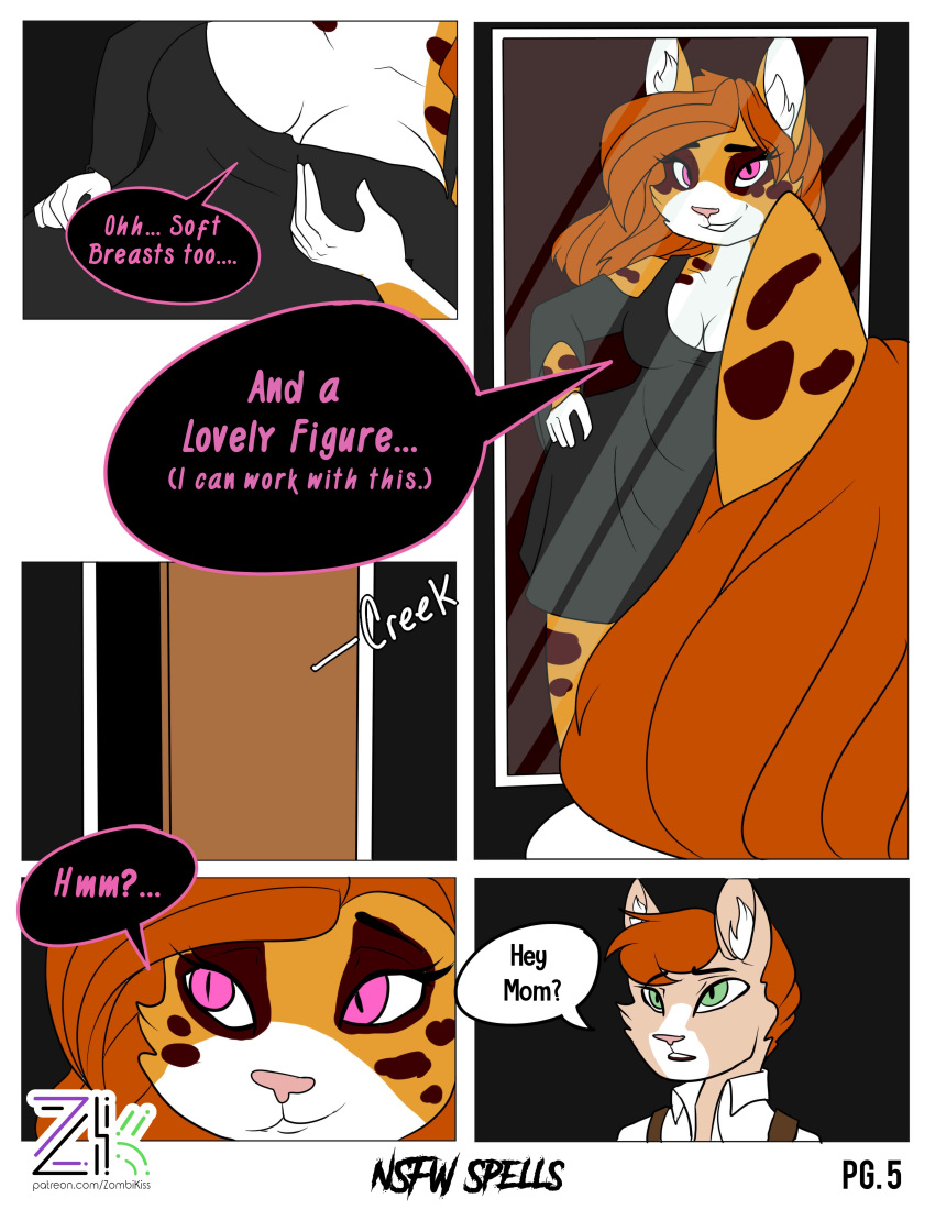 absurd_res anthro comic demon domestic_cat english_text eon felid feline felis female hazel hi_res incest_(lore) magic_user mammal mother nsfw_spells parent patreon_reward pg5 son spells summoning text url witch witchcraft zombikiss