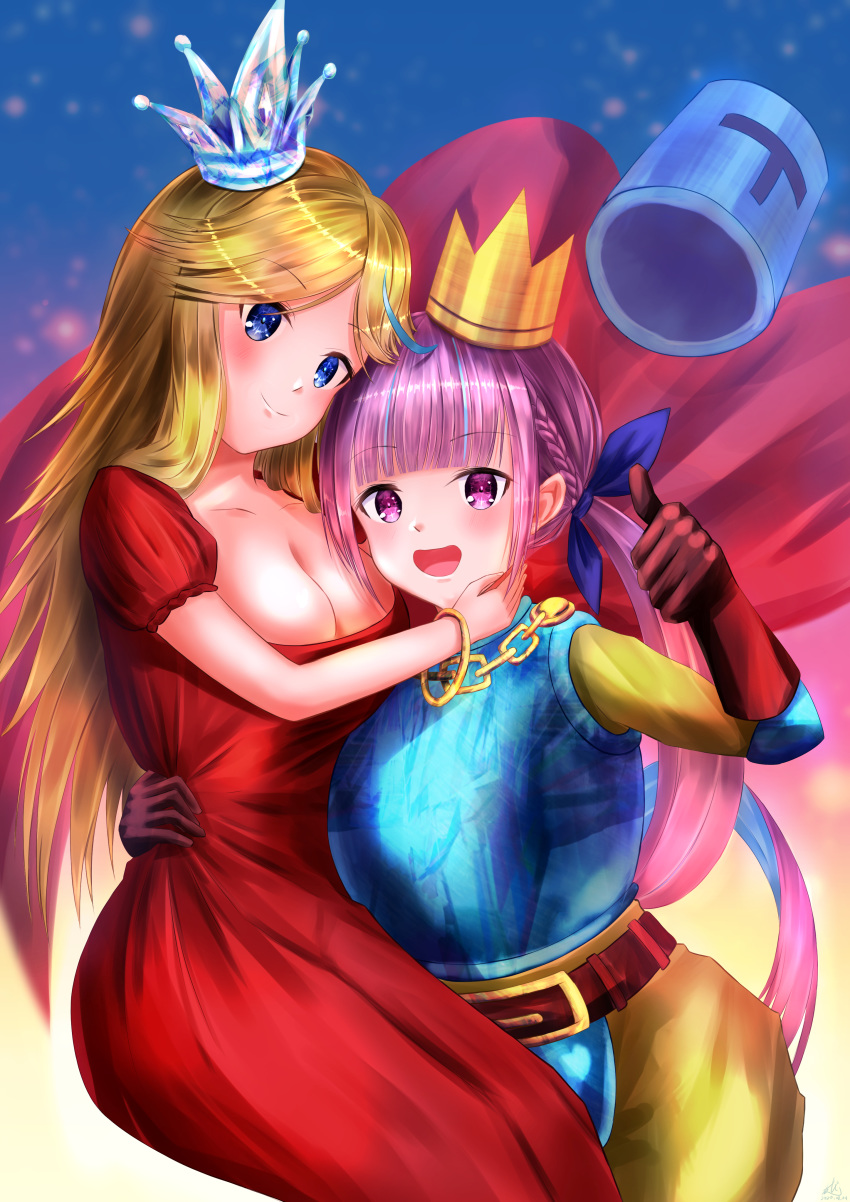 2girls :d absurdres armor belt blue_eyes blush braid breasts character_request closed_mouth cosplay crown daidai_(daidai826) eyebrows_visible_through_hair gloves hand_on_another's_cheek hand_on_another's_face headwear_removed helmet helmet_removed highres hololive jump_king large_breasts long_hair minato_aqua multicolored_hair multiple_girls open_mouth purple_eyes purple_hair red_gloves smile streaked_hair thumbs_up twintails two-tone_hair very_long_hair virtual_youtuber