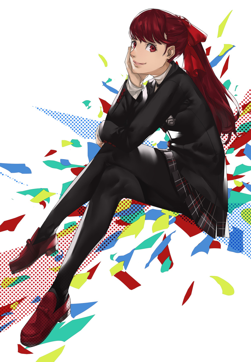 1girl black_legwear blazpu bow chin_rest crossed_legs full_body hair_bow highres invisible_chair legs lips loafers long_hair looking_at_viewer nose pantyhose persona persona_5 plaid plaid_skirt pleated_skirt ponytail red_bow red_eyes red_footwear red_hair shoes shuujin_academy_uniform sitting skirt smile solo yoshizawa_kasumi
