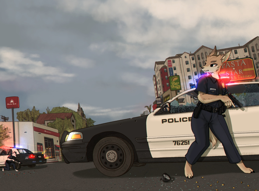 anthro bank broken_glass canid canine canis car city clothing domestic_dog dragon duo ford ford_crown_victoria gun gunfire handgun hi_res male mammal orang111 pistol police_car police_officer police_uniform ranged_weapon scenery shell_(projectile) shotgun shotgun_shell uniform vehicle weapon