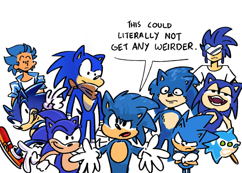 2019 adventures_of_sonic_the_hedgehog alternate_species anthro biped black_eyes blue_body blue_fur blue_hair cigardoesart classic_sonic classic_sonic_(universe) clothing crossed_arms dessert dialogue ear_piercing ear_ring english_text eulipotyphlan food footwear frown fur gloves green_eyes grin group hair handwear hedgehog hi_res human humanized ice_cream looking_at_viewer male mammal neckerchief open_mouth piercing shirt shoes simple_background smile sonic_adventure sonic_boom sonic_man sonic_the_hedgehog sonic_the_hedgehog_(film) sonic_the_hedgehog_(series) square_crossover standing text topwear white_background white_clothing white_shirt white_topwear wraps