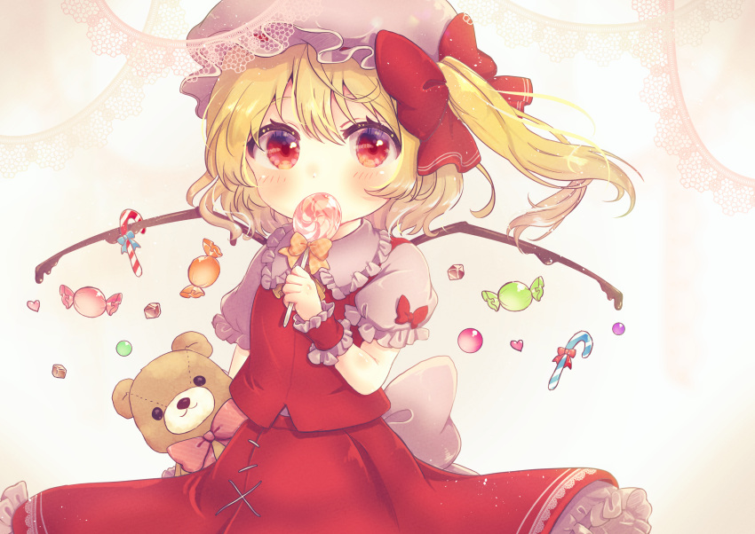 1girl absurdres arm_up blonde_hair blush candy candy_cane commentary covering_mouth cravat doily eyebrows_visible_through_hair flandre_scarlet floating_hair food gradient gradient_background hat hat_ribbon highres holding holding_candy holding_food holding_stuffed_animal lollipop looking_at_viewer mob_cap one_side_up petticoat pink_background pink_shirt puffy_short_sleeves puffy_sleeves red_eyes red_skirt red_vest ribbon shirt short_sleeves skirt solo stuffed_animal stuffed_toy suzukkyu swirl_lollipop teddy_bear touhou vest white_headwear wings wrist_cuffs yellow_neckwear