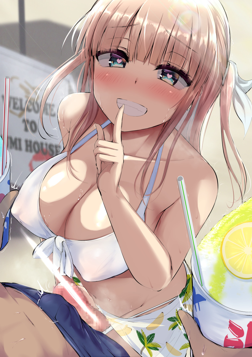 1boy 1girl absurdres akiamare banana_print bangs bikini blue_eyes blush breasts censored collarbone covered_nipples cup drinking_straw english_text erection eyebrows_visible_through_hair finger_to_mouth front-tie_bikini front-tie_top futa_with_male futanari grin heart heart-shaped_pupils highres huge_filesize index_finger_raised large_breasts light_brown_hair long_hair looking_at_viewer male_swimwear mosaic_censoring multiple_penises navel nose_blush original penis penises_touching pov sarong shaved_ice shushing smile solo_focus sweat swim_trunks swimsuit swimwear symbol-shaped_pupils two_side_up white_bikini