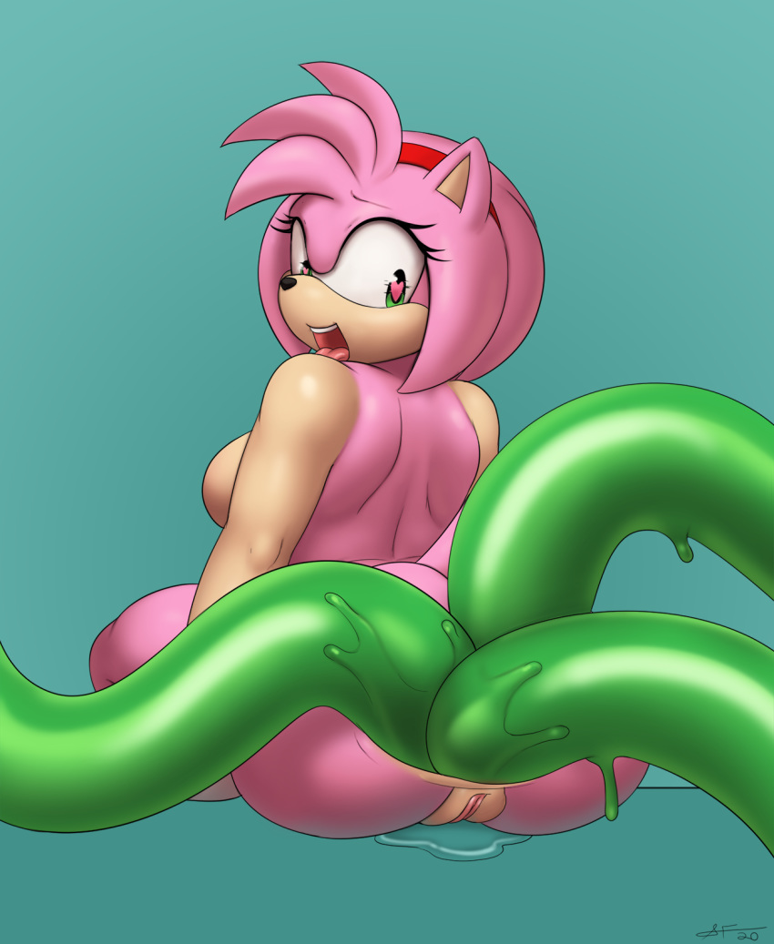 &lt;3 &lt;3_eyes 2020 accessory ahegao amy_rose anal anal_penetration anthro anus black_nose bodily_fluids bracelet breasts butt clothing consentacles cyan_background digital_media_(artwork) eulipotyphlan eyelashes female genital_fluids genitals gloves green_eyes hair_accessory hairband handwear hedgehog hi_res jewelry looking_back looking_down looking_pleasured mammal mostly_nude multiple_insertions open_mouth penetration pussy pussy_juice rear_view ridiculous_fit side_boob signature simple_background sitting slimefur solo sonic_the_hedgehog_(series) stretched_anus tentacles three-quarter_view tongue tongue_out triple_anal triple_penetration