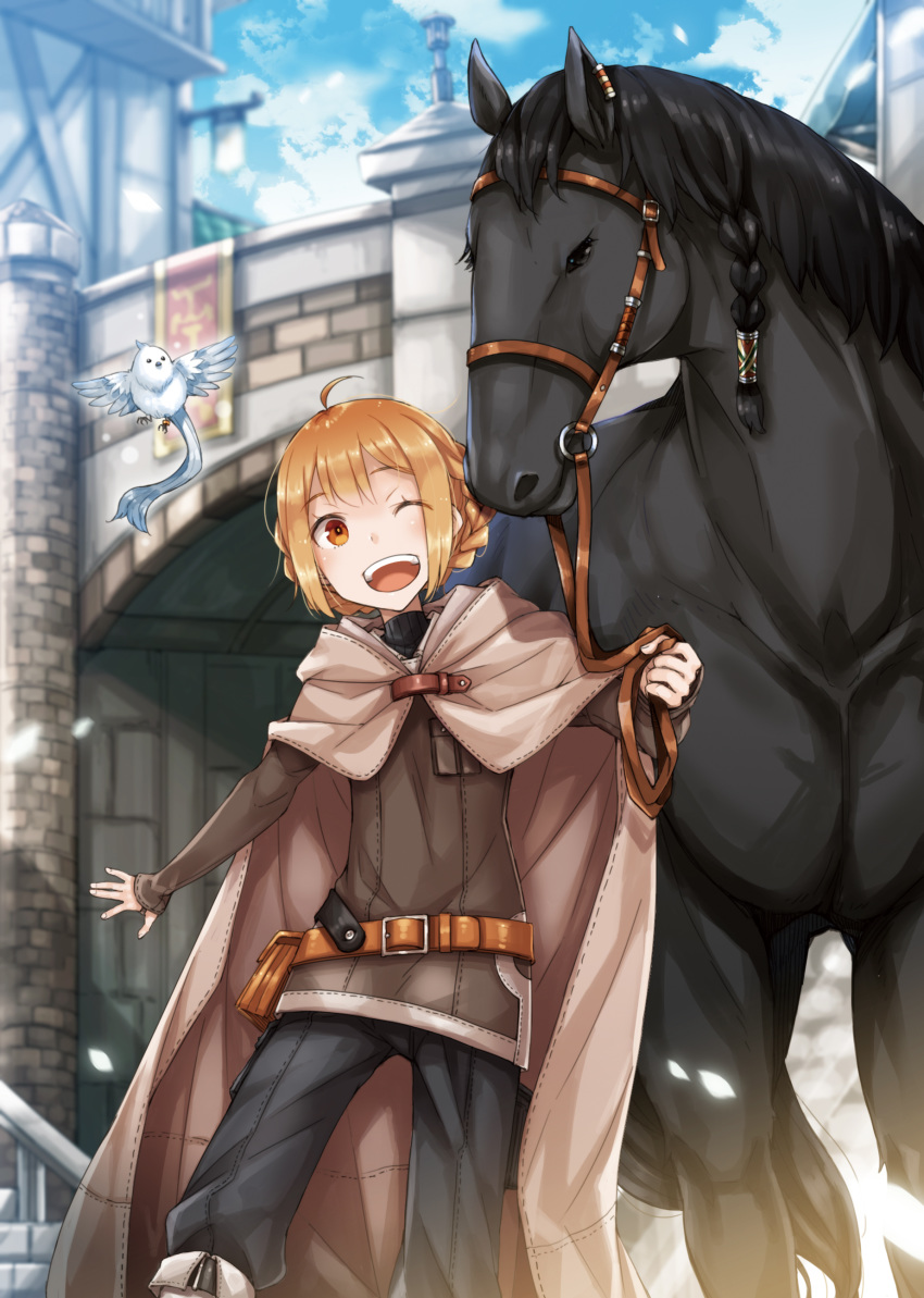 1girl ;d absurdres ahoge animal ayakura_juu bangs belt belt_buckle belt_pouch bird black_pants blurry blurry_background braid brown_eyes brown_hair buckle character_request cloak cover_image day feet_out_of_frame flat_chest highres horse ie_tsukuri_skill_de_isekai_wo_ikinobiro long_sleeves looking_at_viewer novel_illustration official_art one_eye_closed open_mouth outdoors pants pouch reverse_trap sidelocks smile solo standing textless upper_teeth