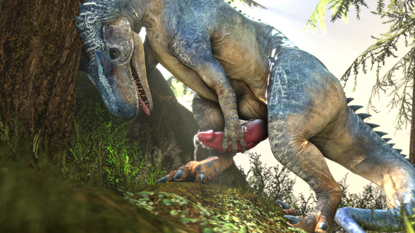 allosaurid allosaurus barlu bodily_fluids claws dinosaur feral genital_fluids genitals hi_res jurassic_park jurassic_world looking_pleasured male masturbation penis precum reptile scalie solo standing teeth theropod tongue tongue_out universal_studios