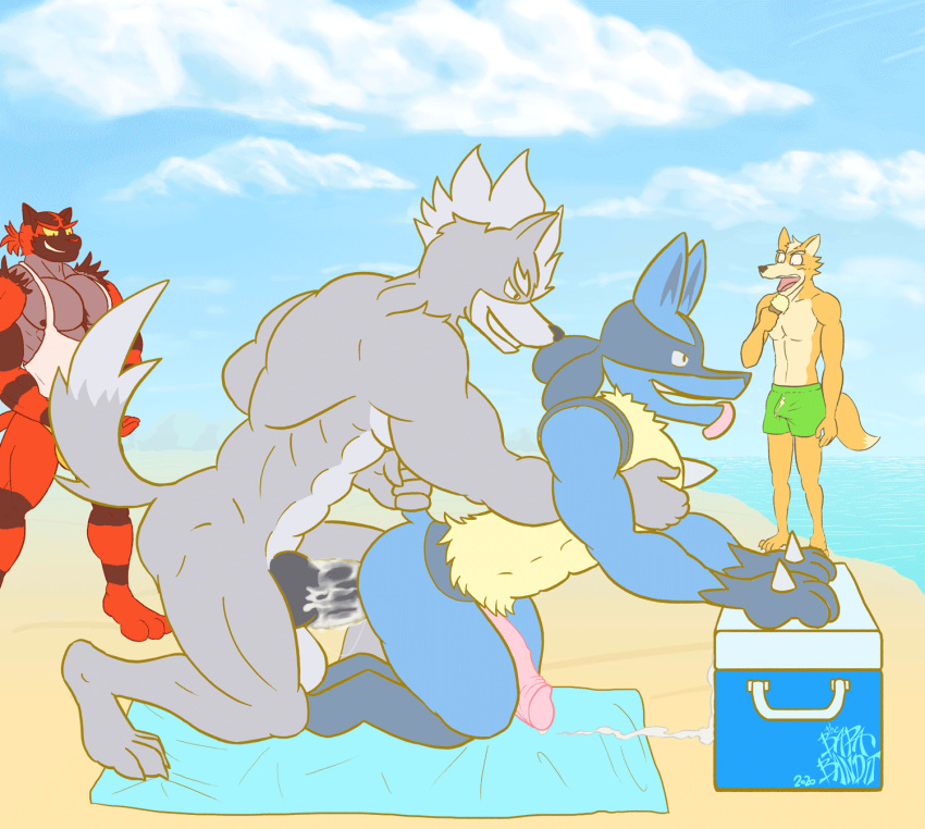 abdominal_bulge anal anal_penetration animal_genitalia animal_penis animated anthro anthro_on_anthro anthro_penetrated anthro_penetrating anthro_penetrating_anthro beach beach_towel being_watched bodily_fluids canid canine canine_penis canis cloud cooler crossover cum cum_in_ass cum_inside cum_while_penetrated day ejaculation erection fox fox_mccloud genital_fluids genitals group hands-free hi_res incineroar knot looking_at_another looking_pleasured lucario male male/male male_penetrated male_penetrating male_penetrating_male mammal muscular muscular_male nintendo nude penetration penis pok&eacute;mon pok&eacute;mon_(species) public public_nudity sand seaside sex short_playtime star_fox thebarabandit video_games voyeur wolf wolf_o'donnell