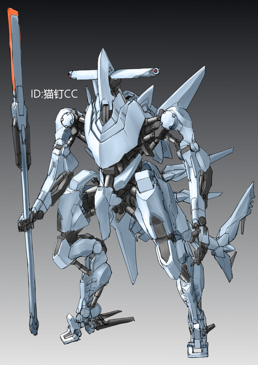 absurdres grey_background hammerhead_shark highres holding holding_spear holding_weapon mecha mechanization no_humans open_hand original polearm red_eyes solo spear standing weapon ztb0000