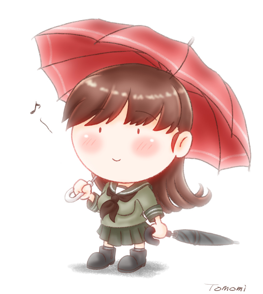 1girl bangs black_footwear blush boots breasts brown_hair chibi closed_umbrella eyebrows_visible_through_hair green_sailor_collar green_serafuku green_skirt highres holding holding_umbrella kantai_collection long_hair musical_note ooi_(kantai_collection) pleated_skirt sailor_collar school_uniform serafuku simple_background skirt smile solo standing umbrella uratomomin white_background