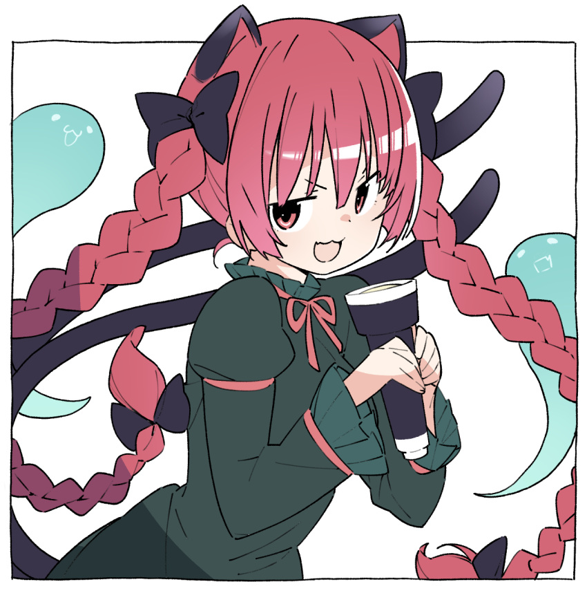 1girl :3 animal_ears bangs black_bow bow cat_ears cat_tail commentary_request dress flashlight ghost green_dress hair_bow highres holding holding_flashlight juliet_sleeves kaenbyou_rin kt_kkz long_hair long_sleeves looking_at_viewer multiple_tails open_mouth puffy_sleeves red_eyes red_hair red_neckwear smile solo tail touhou twintails two_tails upper_body very_long_hair white_background