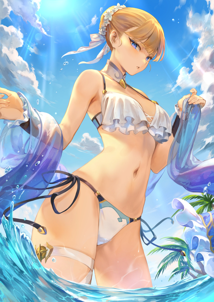 1girl afk_arena bangs bare_shoulders bikini blonde_hair blue_eyes blue_sky breasts cloud cloudy_sky commentary_request day eyebrows_visible_through_hair fingernails hair_bun hair_ornament highres lips looking_at_viewer mashuu_(neko_no_oyashiro) medium_breasts navel official_art outdoors palm_leaf palm_tree side-tie_bikini simple_background sky solo stomach sunlight swimsuit tied_hair tree wading water water_drop wrist_cuffs