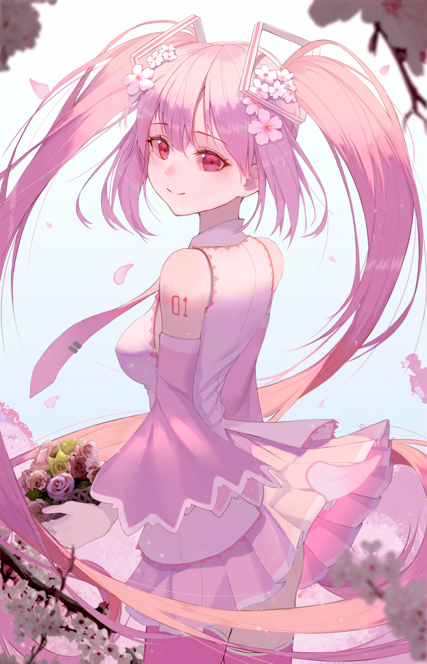 1girl arms_at_sides ass backlighting bare_shoulders blue_background blush bouquet branch breasts cherry_blossoms closed_mouth clothes_lift collared_shirt cowboy_shot daimi_94 detached_sleeves eyebrows_visible_through_hair eyelashes flower gradient gradient_background hair_between_eyes hair_flower hair_ornament happy hatsune_miku highres holding holding_bouquet holding_flower leaf light_particles long_hair looking_at_viewer looking_back medium_breasts necktie number_tattoo petals pink_eyes pink_flower pink_hair pink_legwear pink_neckwear pink_rose pink_shirt pink_skirt pink_theme pleated_skirt rose sakura_miku shiny shiny_hair shirt shoulder_tattoo sideboob sidelocks simple_background skirt skirt_lift sleeveless sleeveless_shirt smile solo straight_hair tareme tattoo thighhighs thighs tree_branch twintails very_long_hair vocaloid wind wind_lift yellow_flower yellow_rose