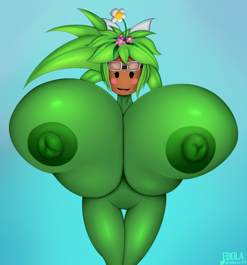 areola big_breasts blaster_master breasts butt ebolaa333 elemental_creature elemental_humanoid eyewear female flora_fauna genitals green_body green_nipples green_skin hi_res huge_breasts humanoid hyper hyper_breasts kanna_(blaster_master) looking_at_viewer nipples nude open_mouth plant plant_humanoid pussy simple_background smile solo video_games