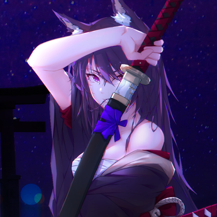 1girl alternate_costume animal_ear_fluff animal_ears arknights arm_up bandages bangs bare_shoulders breasts cat_ears chinese_commentary commentary_request ergoujiya hair_between_eyes highres holding holding_sword holding_weapon japanese_clothes katana kimono long_hair looking_at_viewer melantha_(arknights) night night_sky off_shoulder partial_commentary purple_eyes purple_hair purple_kimono sarashi scabbard sheath sky small_breasts solo star_(sky) starry_sky sword unsheathing upper_body weapon