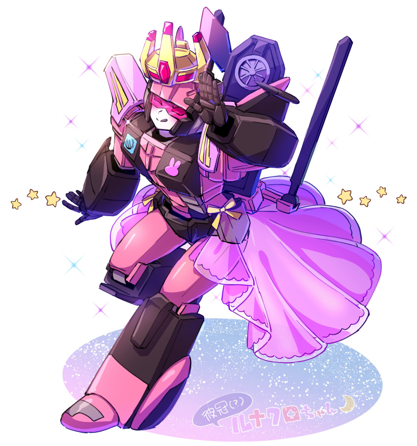 1girl absurdres character_name crown decepticon dress highres kyarara_renan looking_up lunaclub no_humans purple_dress salute solo tongue tongue_out transformers