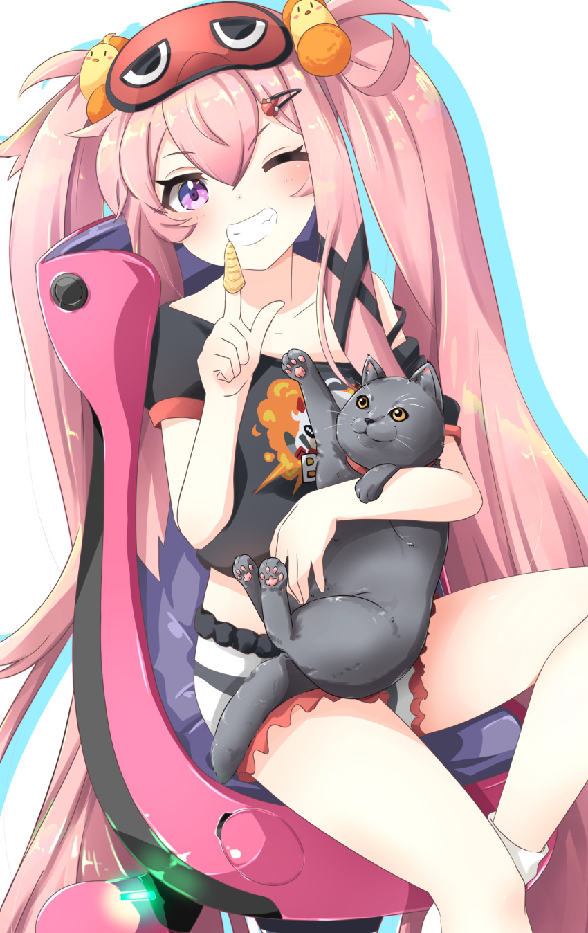 1girl animal azur_lane black_shirt cat chair crop_top grey_shorts grin gudon_(iukhzl) highres index_finger_raised long_hair looking_at_viewer midriff off_shoulder one_eye_closed pink_hair purple_eyes shirt short_shorts short_sleeves shorts sitting sleep_mask smile solo thighs twintails very_long_hair z26_(azur_lane) z26_(sharing_is_caring)_(azur_lane)