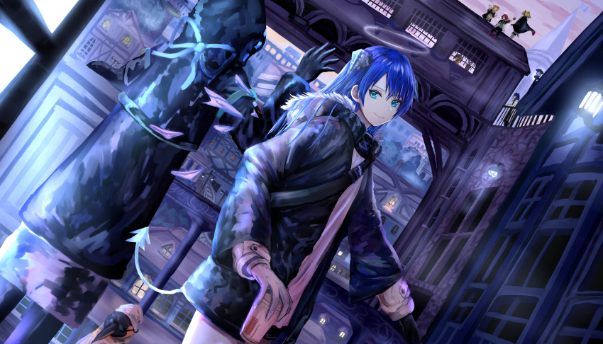 1boy 1other 5girls arknights bangs bird bison_(arknights) black_gloves black_jacket blue_eyes blue_hair cowboy_shot croissant_(arknights) cup doctor_(arknights) dutch_angle exusiai_(arknights) from_behind fur-trimmed_jacket fur_trim gloves halo hand_up highres holding holding_cup hood hooded_jacket horns jacket lamppost long_hair long_sleeves looking_at_viewer mismatched_gloves mostima_(arknights) multiple_girls outdoors penguin sei_(saya_sea) shirt sora_(arknights) standing tail texas_(arknights) the_emperor_(arknights) white_gloves white_shirt