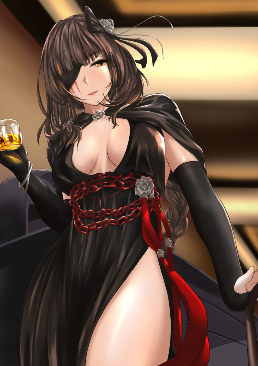 1girl alcohol alternate_costume bangs black_bow black_dress black_eyepatch black_gloves bow bracelet braid braided_ponytail breasts brown_eyes brown_hair cleavage cleavage_cutout cowboy_shot cup dress drink drinking_glass elbow_gloves eyebrows_visible_through_hair eyepatch flower girls_frontline gloves hair_bow hair_flower hair_ornament highres holding indoors jewelry large_breasts long_hair m16a1_(girls_frontline) mole mole_under_eye no_bra one_eye_covered parted_lips partly_fingerless_gloves sam_(metalibon) scar scar_across_eye side_slit sleeveless sleeveless_dress solo standing