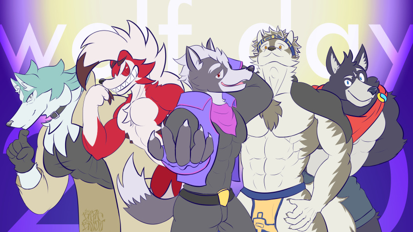 16:9 abs absurd_res amicus_(adastra) anthro bandanna brand_new_animal canid canine canis clothing collar english_text gloves group handwear hi_res horkeukamui kerchief lycanroc male mammal midnight_lycanroc muscular muscular_male nintendo pecs pok&eacute;mon pok&eacute;mon_(species) shirou_ogami star_fox studio_trigger text thebarabandit video_games widescreen wolf wolf_o'donnell