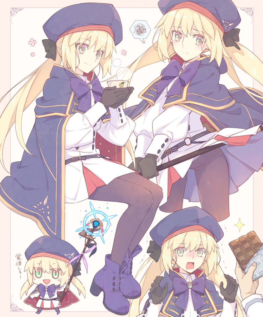 1girl artoria_pendragon_(all) artoria_pendragon_(caster) beret black_gloves black_legwear blonde_hair bow chibi chocolate cloak cup drooling fate/grand_order fate_(series) gloves green_eyes hat highres pantyhose saipaco smile spoken_squiggle squiggle staff steam twintails wavy_mouth
