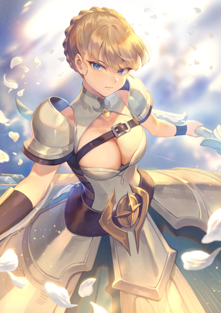 1girl afk_arena armor armored_dress bangs blonde_hair blue_eyes bow braid breasts cleavage cleavage_cutout closed_mouth commentary_request eyebrows_visible_through_hair french_braid hair_bun highres holding holding_bow holding_weapon large_breasts looking_at_viewer mashuu_(neko_no_oyashiro) medium_breasts official_art pauldrons petals quiver short_hair shoulder_armor simple_background sleeveless solo tied_hair weapon