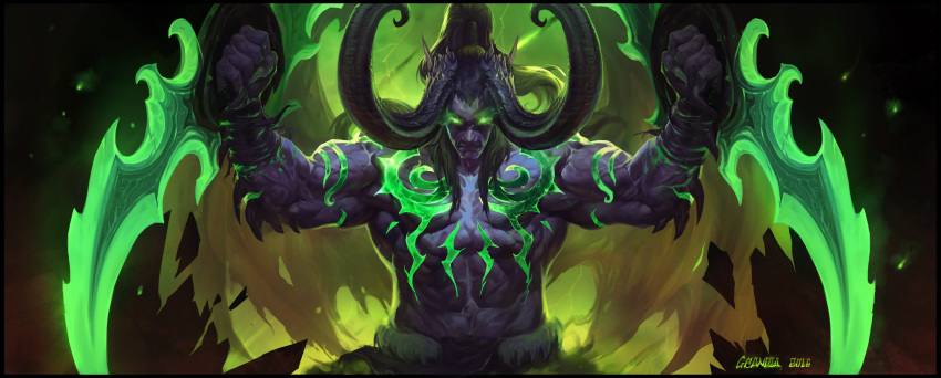 1boy absurdres black_hair clenched_teeth dagger dated dual_wielding fingernails fur_trim glowing glowing_eyes glowing_weapon grandia_lee green_eyes green_theme highres holding holding_dagger holding_weapon horns illidan_stormrage long_fingernails long_hair male_focus muscle navel parted_lips sharp_fingernails shirtless signature solo strapless_shirt teeth torn_wings veins warcraft weapon wings world_of_warcraft